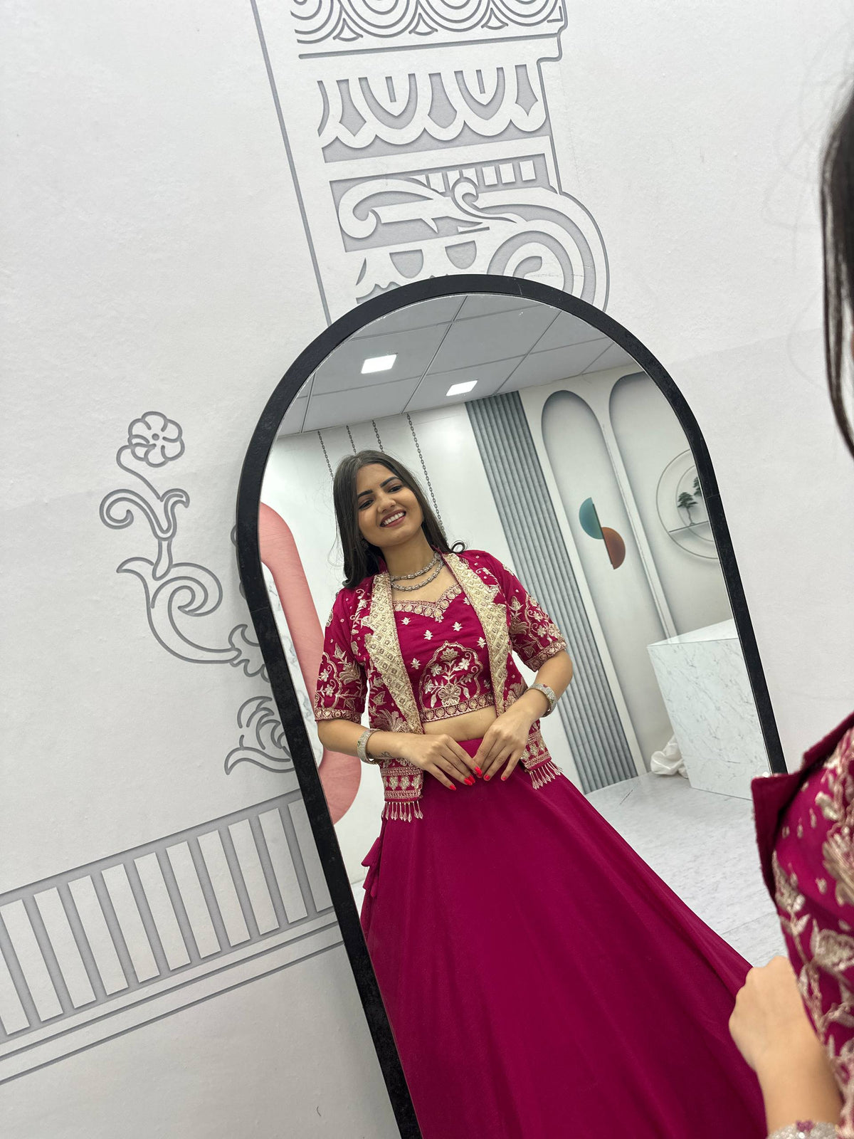 Anushka Chinon Crop Top Jacket Lehenga Choli