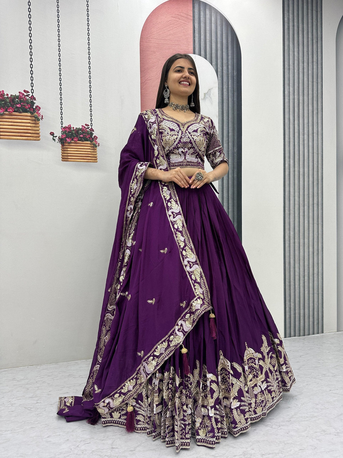 Mishika Chinon Heavy Embroidery Lehenga Choli